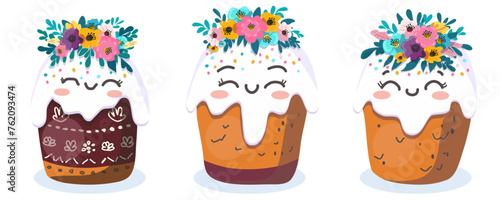  Vector illustration of Easter kulich set with wreath of flowers.   On a light background for postcards, banners.