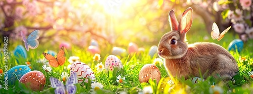 Cute Rabbit and Decorated Eggs Frolic in a Sunny Spring Meadow, with Defocused Abstract Lights Adding to the Whimsy. Made with Generative AI Technology