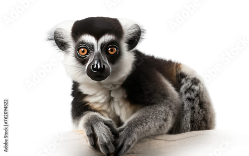 Black and White Lemur Sitting on White Surface. On a White or Clear Surface PNG Transparent Background.
