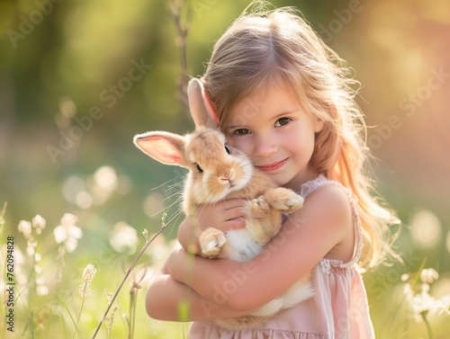 Happy little girl is holding a little rabbit bunny on spring field