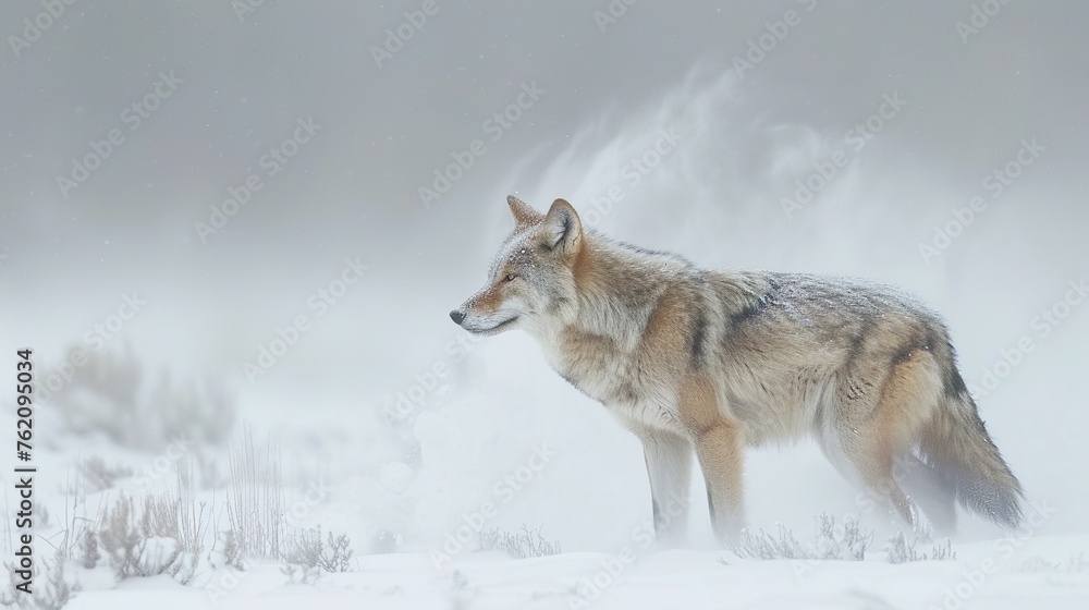 A lone wolf traversing a snowy landscape, its breath forming wisps in the cold air.
