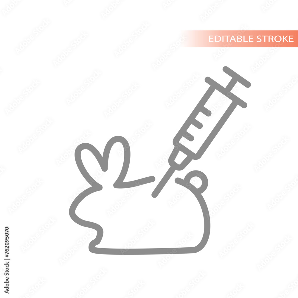 Fototapeta premium Animal testing and drug trial vector icon. Rabbit and syringe outline symbol.