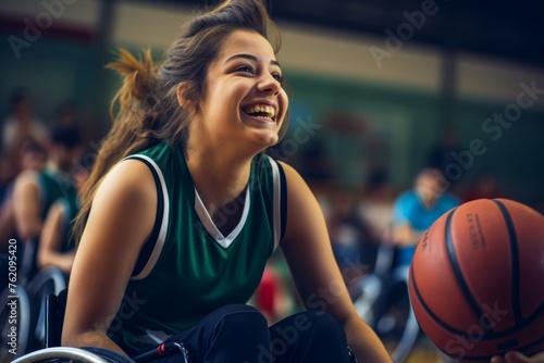 A teenage girl from Italy, with a bright smile and infectious enthusiasm, in her basketball wheelchair, training hard for the wheelchair basketball competition 