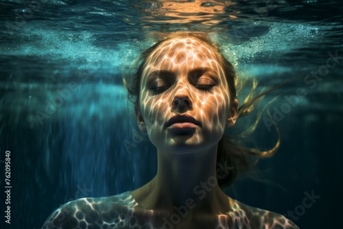 Woman gracefully swimming underwater, her movements fluid and graceful like a mermaid. She is a professional synchronized swimmer from Russia, practicing her routines in the tranq