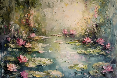 impressionism painting, impasto, vintage, soft tones, muted tones ,lotus flowergarden pond photo