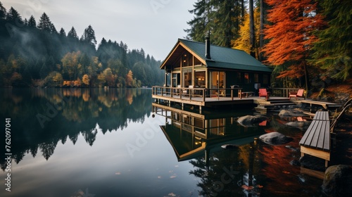 Cabin by Lake Surrounded by Trees photo