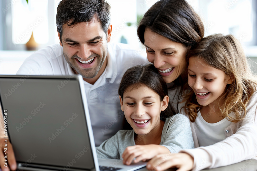 Family surfing the internet, father and mother learn how to use a laptop with the help of their two daughters while laughing and enjoying time together in their living room Family surfing the internet, father and mother learn how to use a laptop with the help of their two daughters while laughing and enjoying time together in their living room