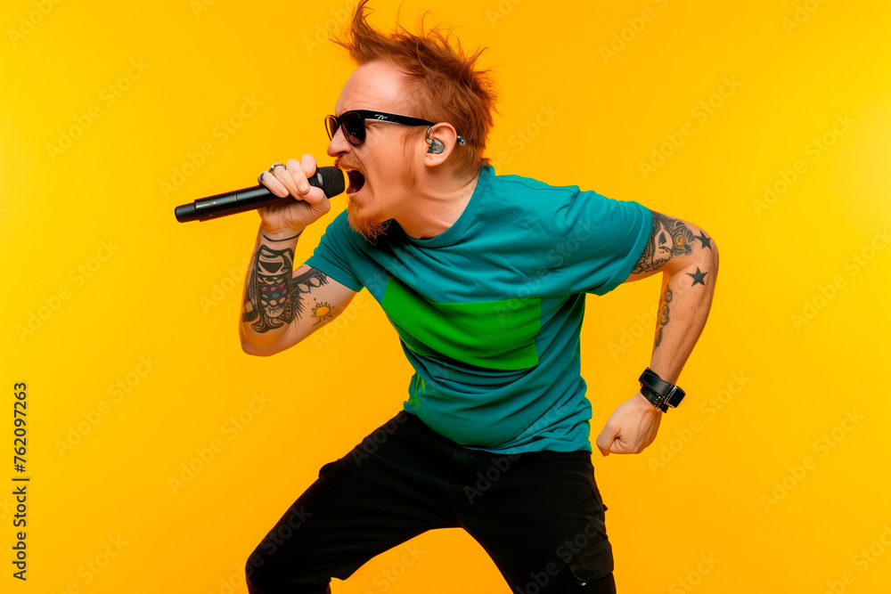Fototapeta premium Rocker man in profile holding a microphone singing a song. Karaoke concept, music lovers