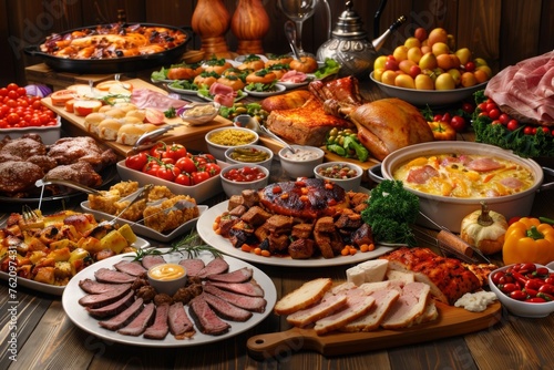 A Tabletop Symphony  A Feast of Colors  Textures   Flavors. Delicious Dishes Arranged for Sharing. Ideal for Family Dinners  Celebrations   Special Occasions.