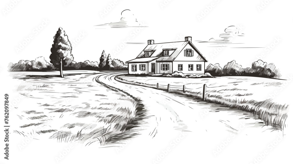 House in countryside with road engraving sketch sty