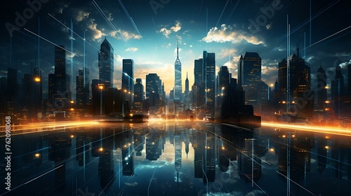 Futuristic cityscape with neon lights and bokeh background