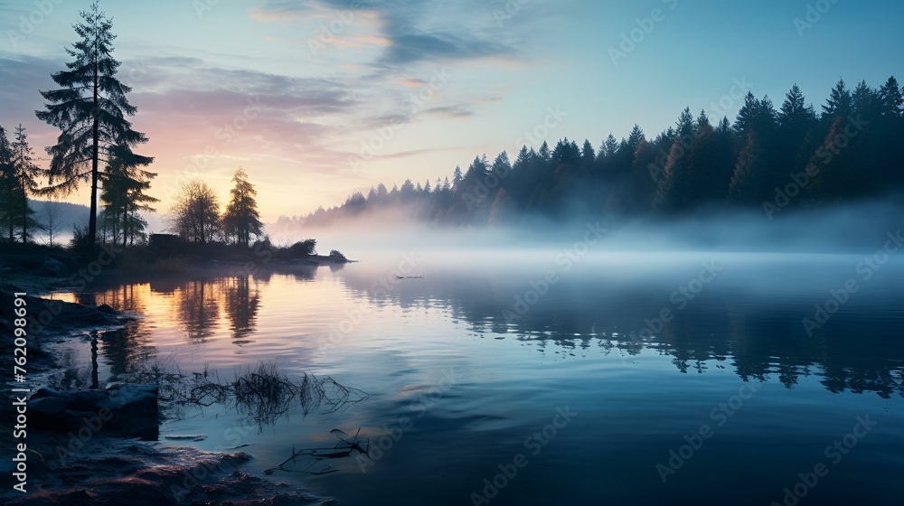 Tranquil Lake at Dawn with Misty Forests and Soft Reflections Tranquil Lake at Dawn with Misty Forests and Soft Reflections