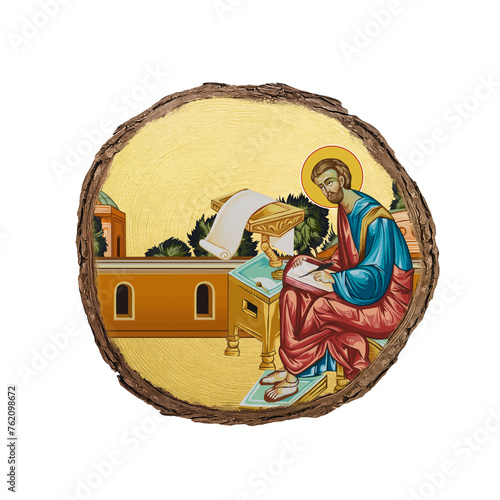 Christian vintage illustration of the Apostle Luka. Golden religious image in Byzantine style on white background