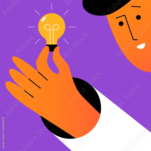 Man holds a light bulb and develops an innovative business idea or strategy. Brainstorming man. Innovation and science concept. Flat vector illustration.