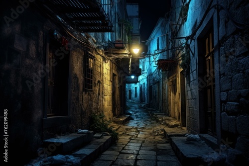 Deserted Night arrow alley. Structure alley. Generate Ai