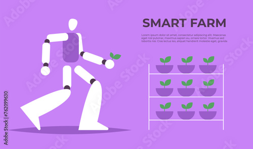 Smart farm cultivators with Robot. Robotic cultivators with artificial intelligence using future technologies. Smart greenhouse under robot machines operation. Flat vector illustration.