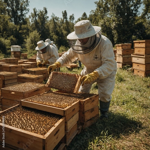 Craft an image of a beekeeper tending to their hives with care and expertise, the orderly rows of wooden boxes populated by thousands of bees, each one rendered with clarity and precision."