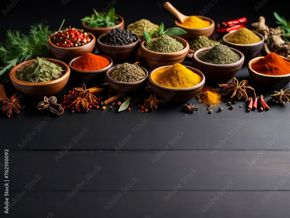 Wide variety spices and herbs on background of black table, with empty space for text or label