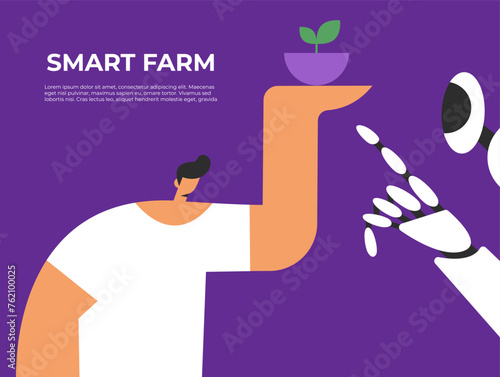 Smart farm cultivators. Robotic cultivators with artificial intelligence using future technologies. Smart greenhouse under robot machines and boy operation. Flat vector illustration.