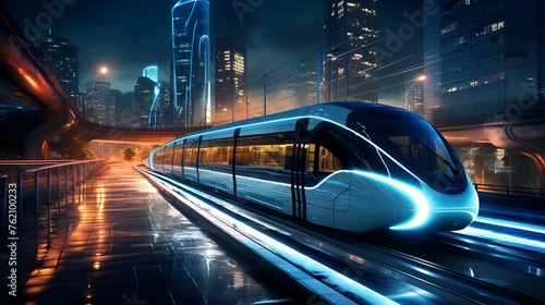 Futuristic electric bus in smart city at night
