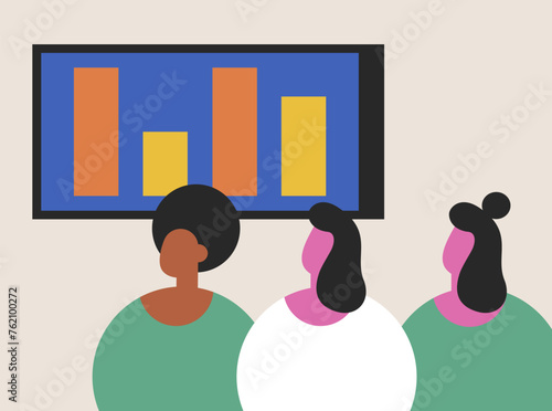 Trends with Girls. Women predicts the stock market. Bets on rising trends. Flat vector illustration.