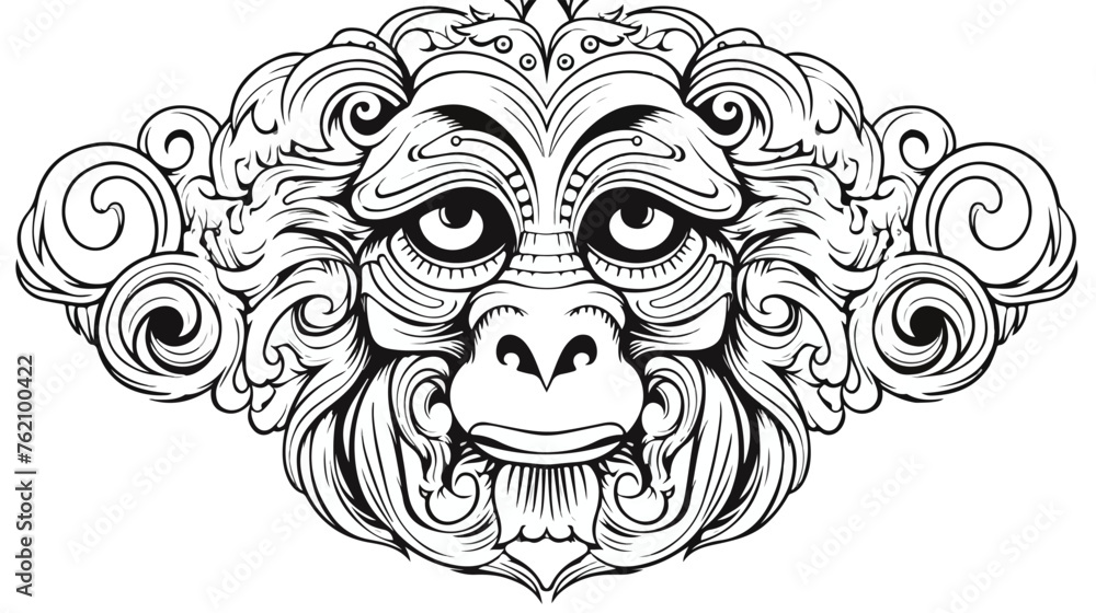Line art drawing of ethnic monkey in decorative ukr