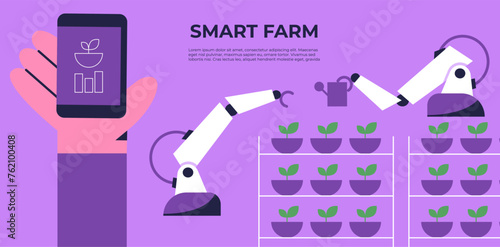 Smart farm cultivators app. Robotic cultivators with artificial intelligence using future technologies. Smart greenhouse under robot machines operation. Flat vector illustration.