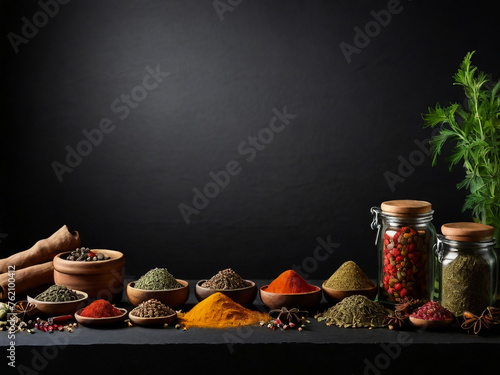 Wide variety spices and herbs on background of black table, with empty space for text or label