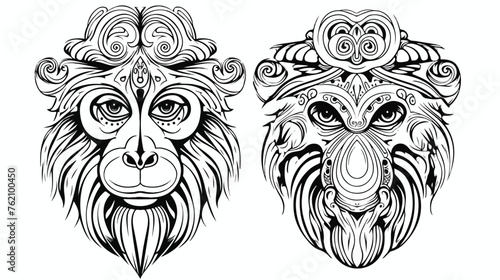 Line art drawing of ethnic monkey in decorative ukr