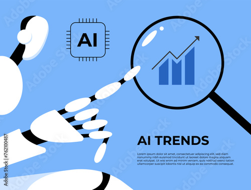 Trends with AI Robot. Cyborg predicts the stock market. Bets on rising trends. Flat vector illustration.