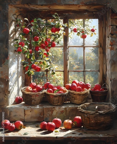 Red apples in weave basket over the window, classic painting for wall art and illustration 