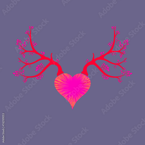 Fantasy illustration of a heart with antlers made from trees and branches and leafs- forest love