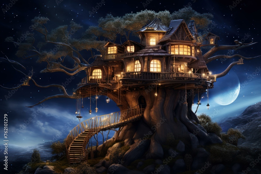 Cozy Night tree house. Fantasy forest. Generate Ai