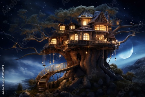 Cozy Night tree house. Fantasy forest. Generate Ai