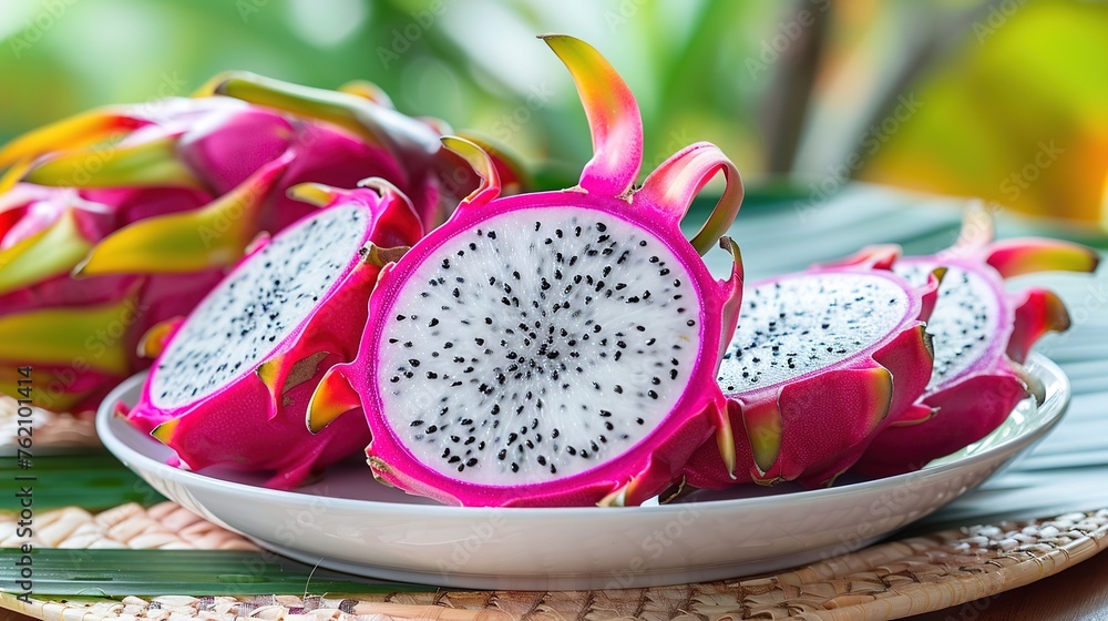 dragon fruit slice and cut half on white plate with pitahaya background , fresh white and red purple dragon fruit tropical in the asian thailand healthy fruit concept,Generative ai, dragon fruit slice and cut half on white plate with pitahaya background , fresh white and red purple dragon fruit tropical in the asian thailand healthy fruit concept,Generative ai,