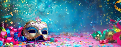 Festive Spirit - Carnival Party with Venetian Mask, Colorful Streamers, and Whistles of Celebration. Made with Generative AI Technology