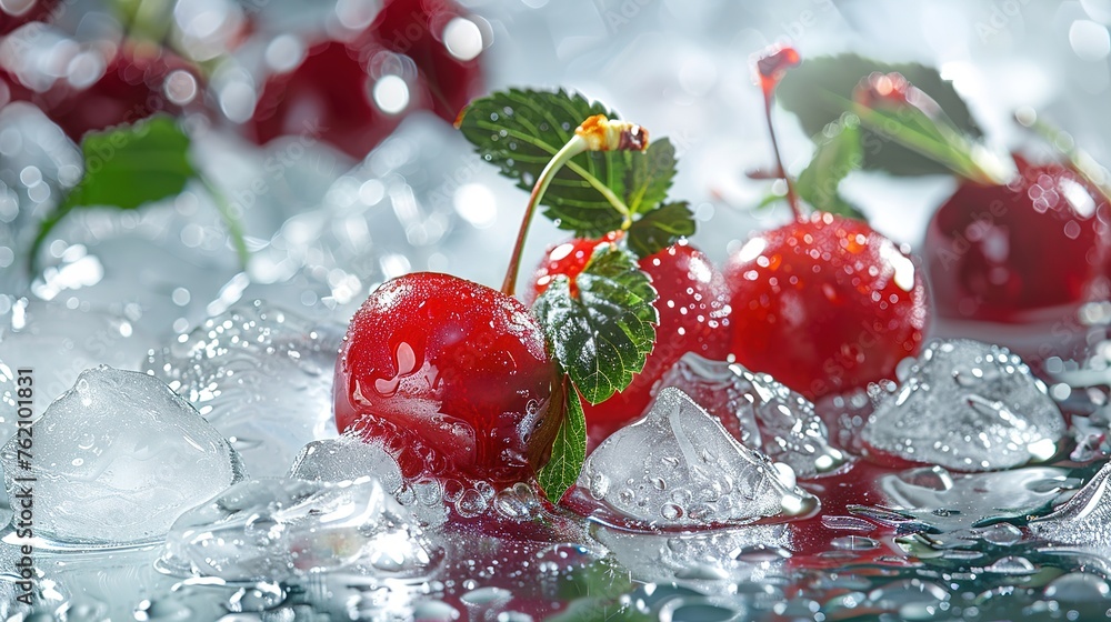 Fresh ice cherry garnished with cherry fruit and mint leaves,Generative ai Fresh ice cherry garnished with cherry fruit and mint leaves,Generative ai