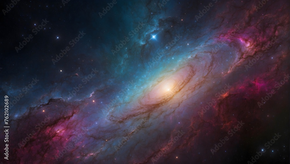 Obraz premium An artistic representation of the cosmos, featuring a galaxy with a rich, multicolored backdrop Generative AI