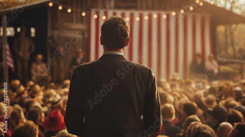 A scene of people standing in front of a background of American flags. The scene is charged with tension and meaning as it symbolizes the presidential election. photo