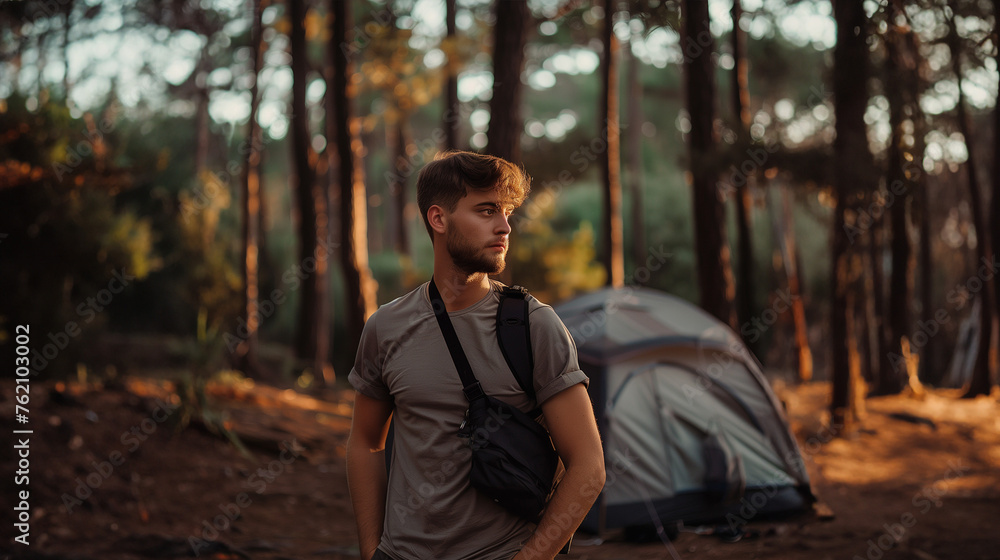 young attractive man in the woods camping, man standing infront of his tent in the woods, wild camping young attractive man in the woods camping, man standing infront of his tent in the woods, wild camping