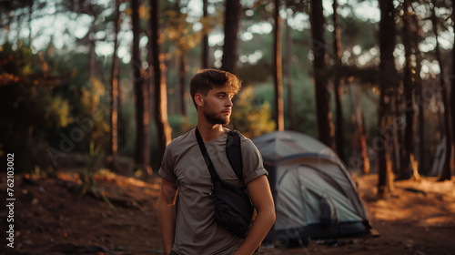 young attractive man in the woods camping, man standing infront of his tent in the woods, wild camping 