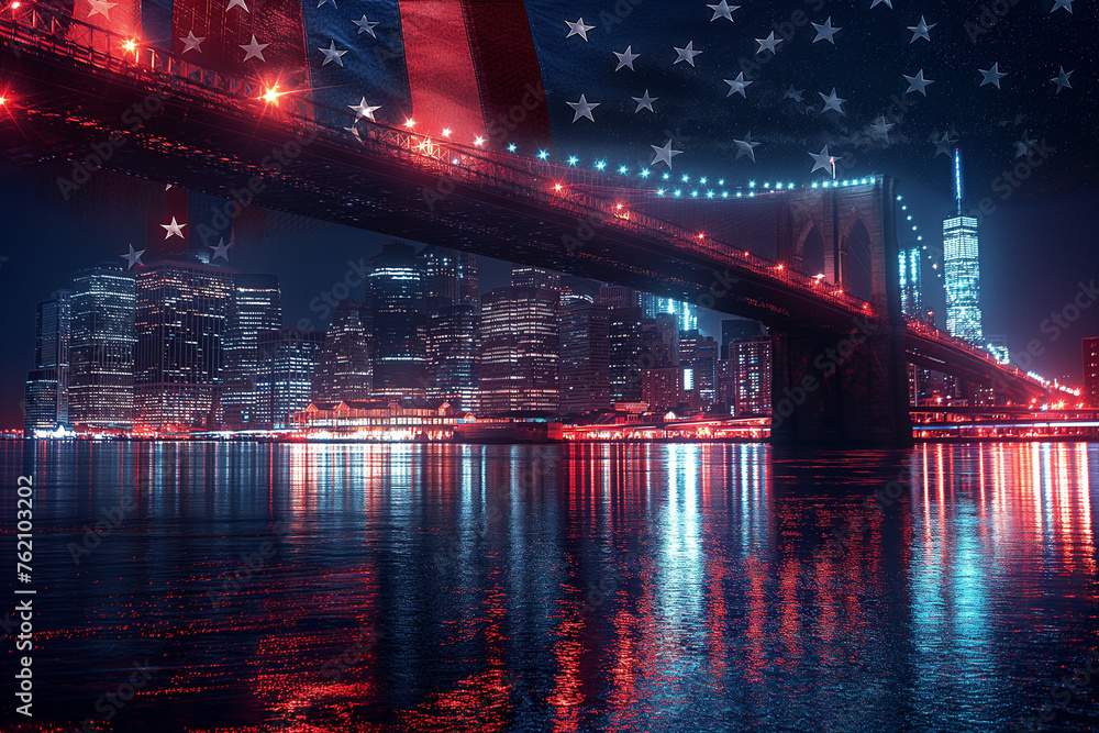 The New York skyline lights up at night as the American flag flies in the night sky, symbolizing the country's strength and unity.