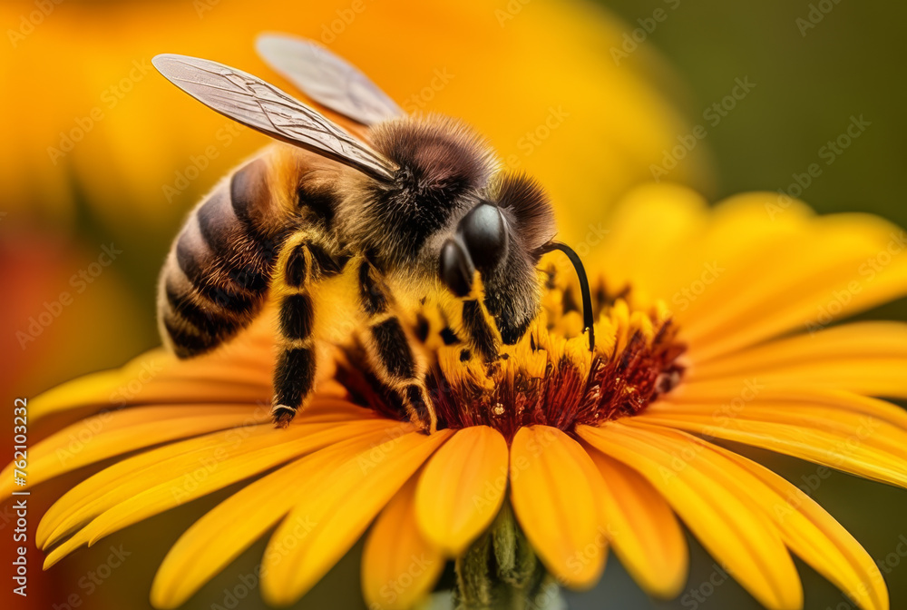 Close up of a bee collecting pollen from a daisy flower. Close up of a bee collecting pollen from a daisy flower.