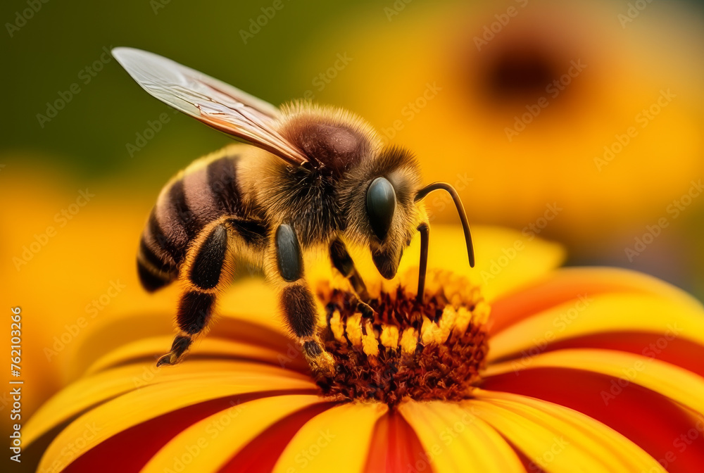 Close up of a bee collecting pollen from a daisy flower. Close up of a bee collecting pollen from a daisy flower.