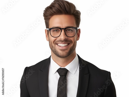 Portrait of a smiling young businessman in a suit and glasses on a white background.