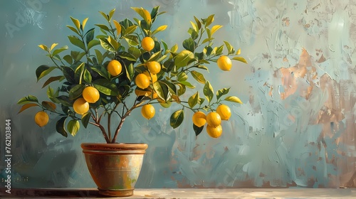 fresh lemons tree painting, strong brush stroke, on plain background with sunlight, Artwork for wall art , home decor, poster and background wallpaper