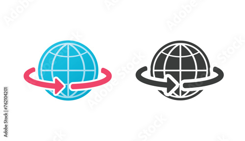 Globe earth spinning icon vector, world planet with rotation arrows sign symbol simple graphic pictogram illustration set black white and flat image clipart, orbit path route trajectory around