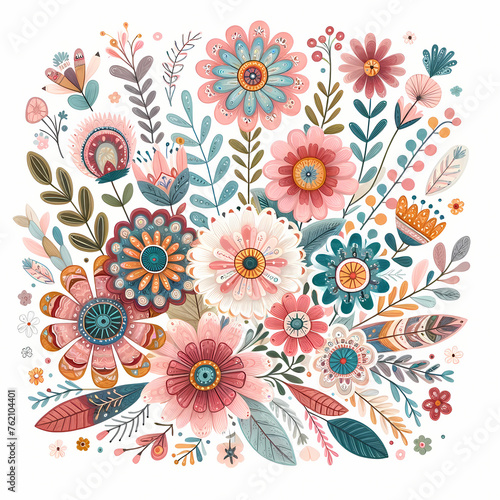 Cute Boho flower art featuring a variety of whimsical and colorful flowers arranged in a charming and playful composition