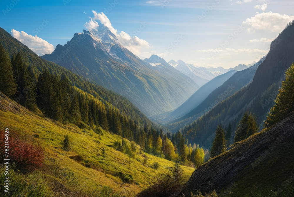 Fototapeta premium Mountain landscape with a girl and a boy in the mountains.
