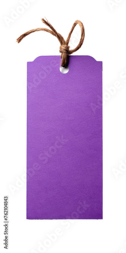 Purple Craft paper tag with twine on white background, product shot, close shot